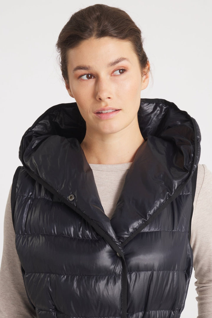 The Camden | Long Hooded Down Vest | Midnight Black - Cotes of London