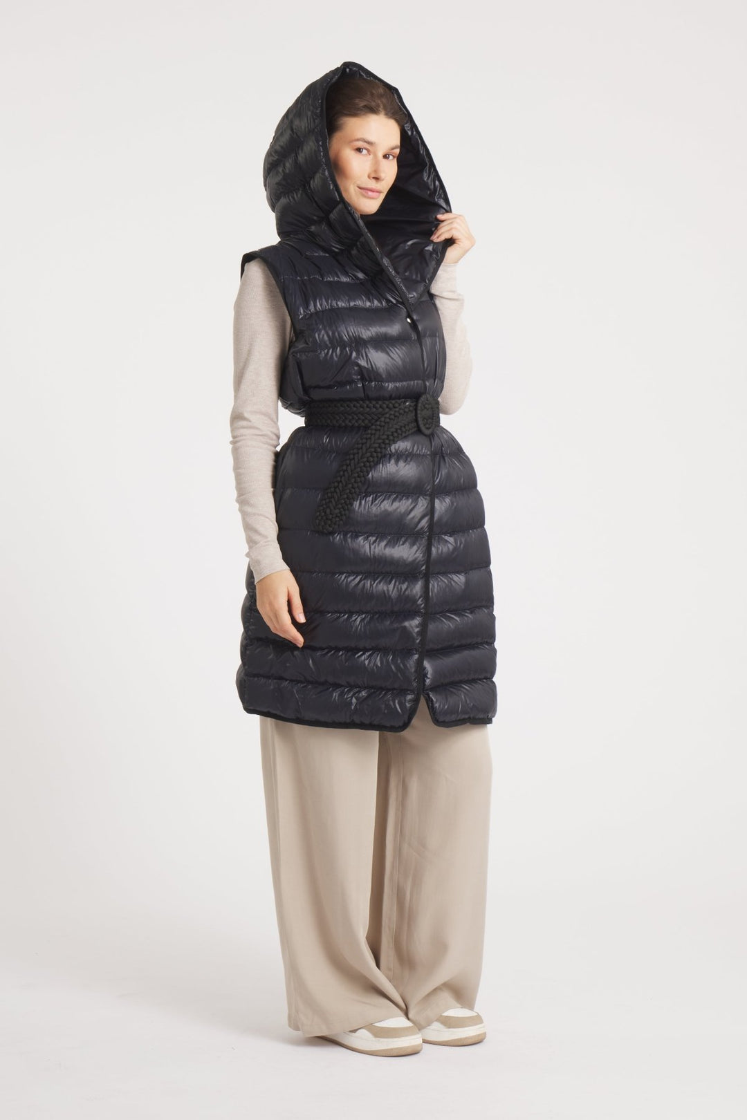 The Camden | Long Hooded Down Vest | Midnight Black - Cotes of London